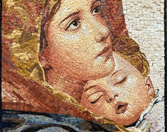 Reproducción de mosaicos - Virgen con el Niño - Decoración de pared - Hecho a mano con piedra natural y mármol - Arte en mosaico - Tamaños personalizados