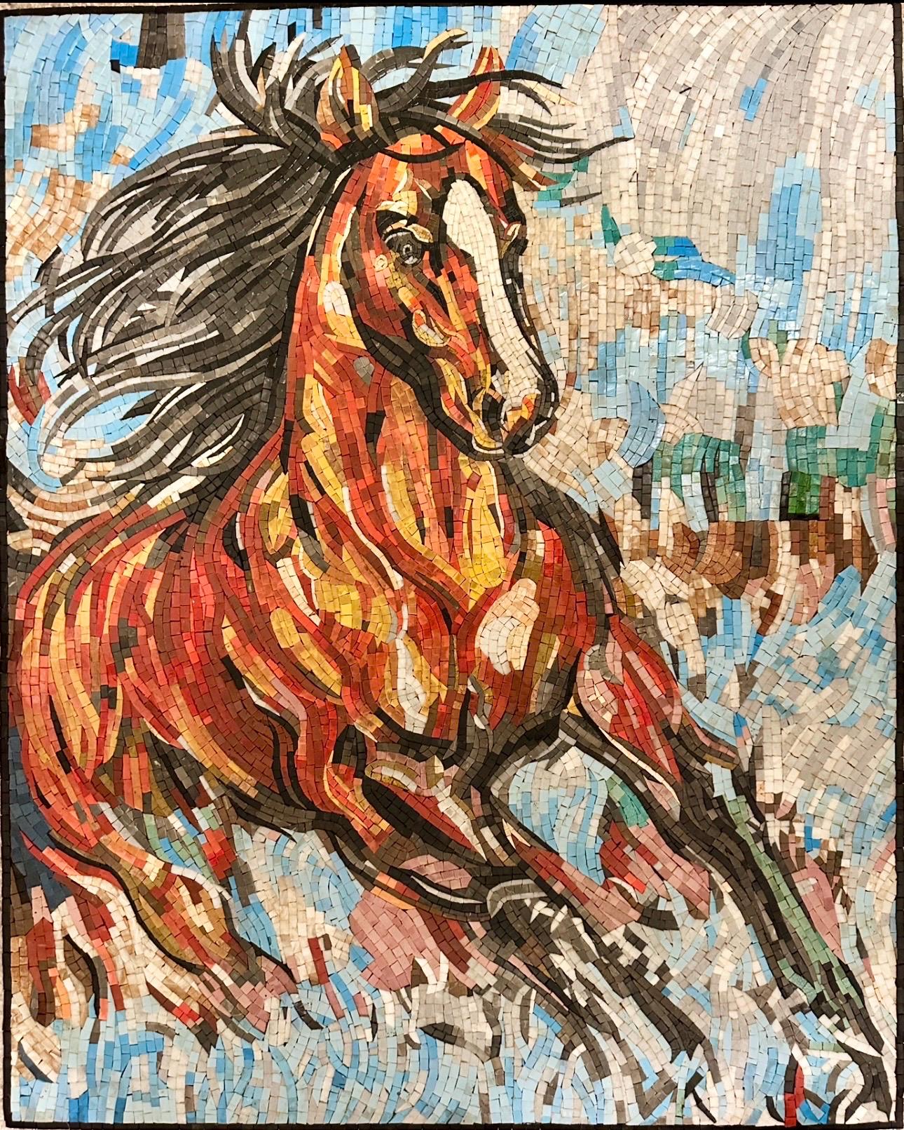 MOSAIC TILE ARTWORK - Wild Brown Horse - Natural Stone Mural
