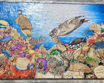 海の生き物モザイク - 手作りの壁掛けアート - 天然石と大理石 - カメ