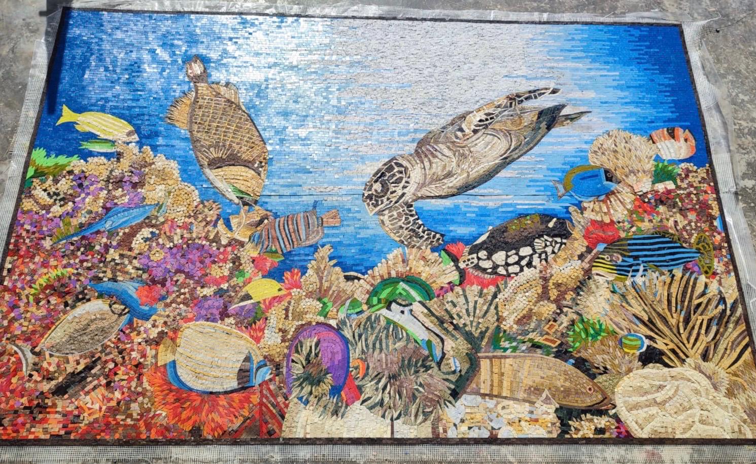 海の生き物モザイク - 手作りの壁掛けアート - 天然石と大理石 - カメ