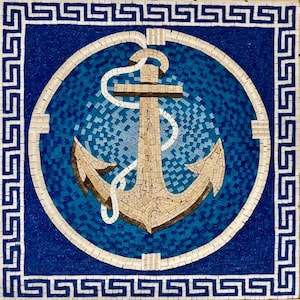 May include: Mosaic tile artwork featuring a detailed anchor design. The anchor is tan and white, surrounded by a blue mosaic background and a white border. The outer border is a blue and white Greek key pattern.