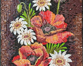 Flores de amapola - Arte de pared de mosaico hecho a mano. Mural de piedra natural