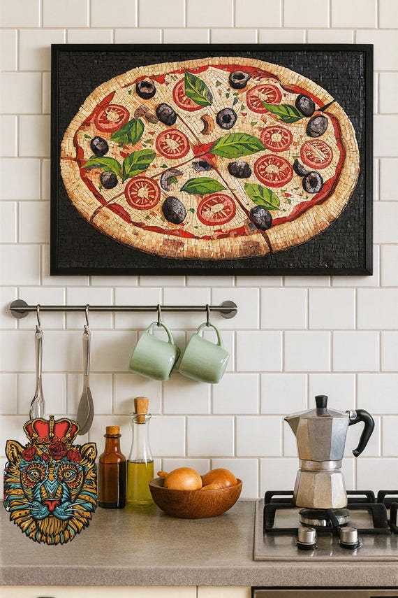 Pizza Mosaic Wall Art - Handmade Stone Mosaic, Kitchen Backsplash