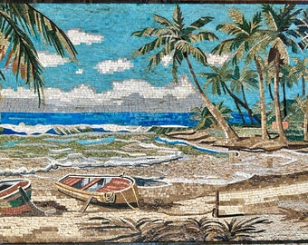 Tropical Beach - Handmade Mosaic Wall Art. Natural Stone Mural