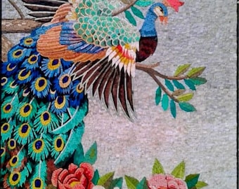 Peacocks & Peonies Mosaic - Handmade Stone and Marble Wall Art - Luxury Bird Artwork - Indoor/Outdoor - Vibrant Colors
