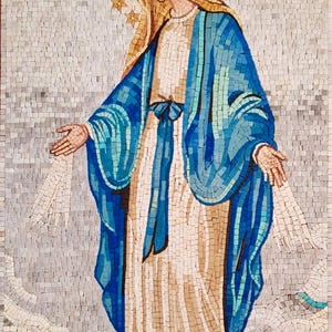May include: Mosaic artwork of a figure with a halo, wearing a blue robe and a white dress. The figure has long blonde hair and is set against a background of small, square tiles. Red roses are at the bottom.