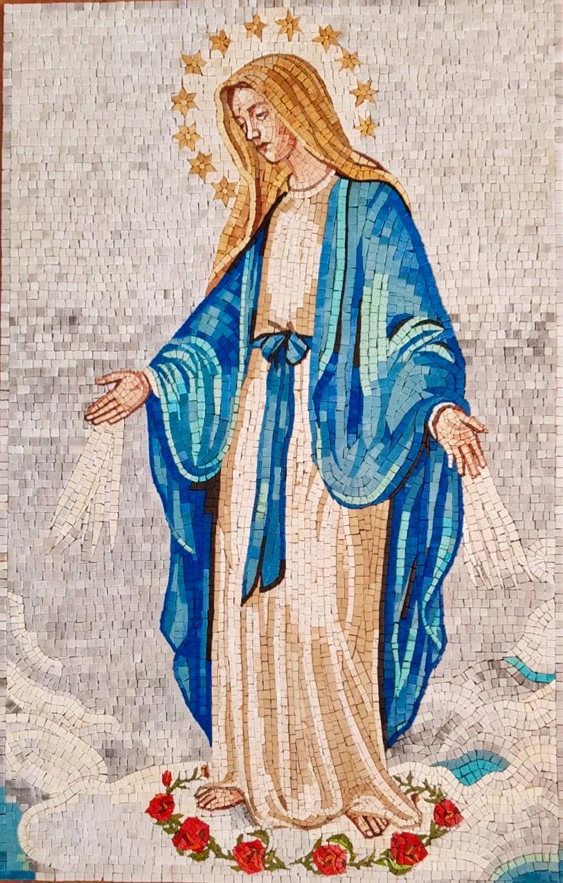 Blessed Virgin Mary With Stars & Roses - Religious Mosaic Wall Art