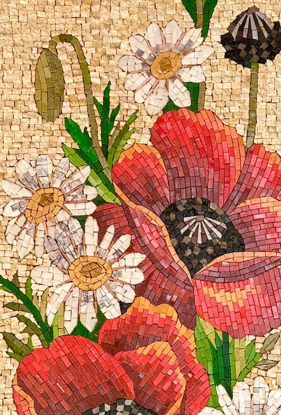 壮大なモザイクアート - ポピーの花 - 天然石壁画 - カスタムサイズ