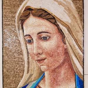 Virgin Mary Religious Mosaic Art Icon - Marble & Natural Stone - Mosaic Tiles - Can be Customized - Handmade Wall Art - Warm Colors