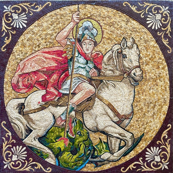 St. George Defeating the Dragon - Handmade Religious Mosaic Wall Art. Natural Stone Mural