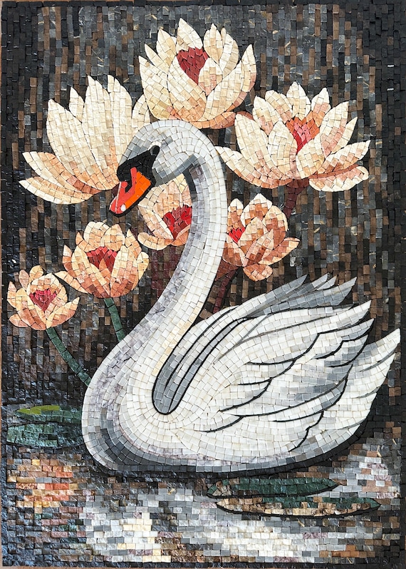 優雅な白鳥と蓮の花のモザイク壁画 - 手作りの石のアート作品、高級