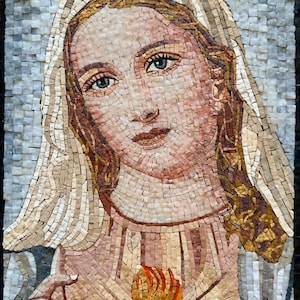 RELIGIOUS MOSAIC ART - Virgin Mary with Loving Heart - Marble & Natural Stone - Mosaic Tile - Can be Customized - Handmade Wall Art