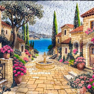 Mediterranean Courtyard Mosaic Wall Art – Luxury Handmade Marble & Stone Artwork - Italian Coastal Village - Seaview Decor - Custom Sizes