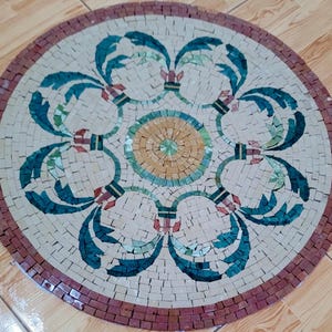 Round Floral Stone Mosaic Medallion - Handmade Marble & Travertine Inlay for Floors, Walls, and Tabletops - Any Size Custom Design Art