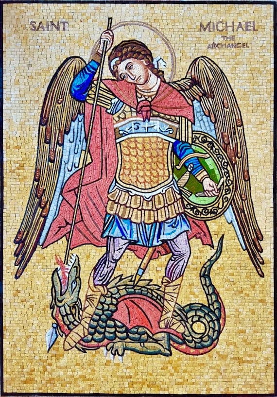 Handmade Saint Michael the Archangel Mosaic - Religious Stone Wall