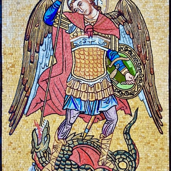 Handgefertigtes Mosaik des Heiligen Michael der Erzengel - Religiöse Steinwandkunst - Christliche Ikone von St. Michael Besiegt den Drachen - Sondergrößen