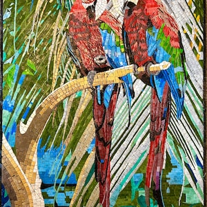 Ara Papageien - Handgemachte Mosaik Wandkunst - Naturstein & Marmor - Mosaik Fliesen Kunst - Buntes Kunstwerk - Lebendige Farben - Innendekoration