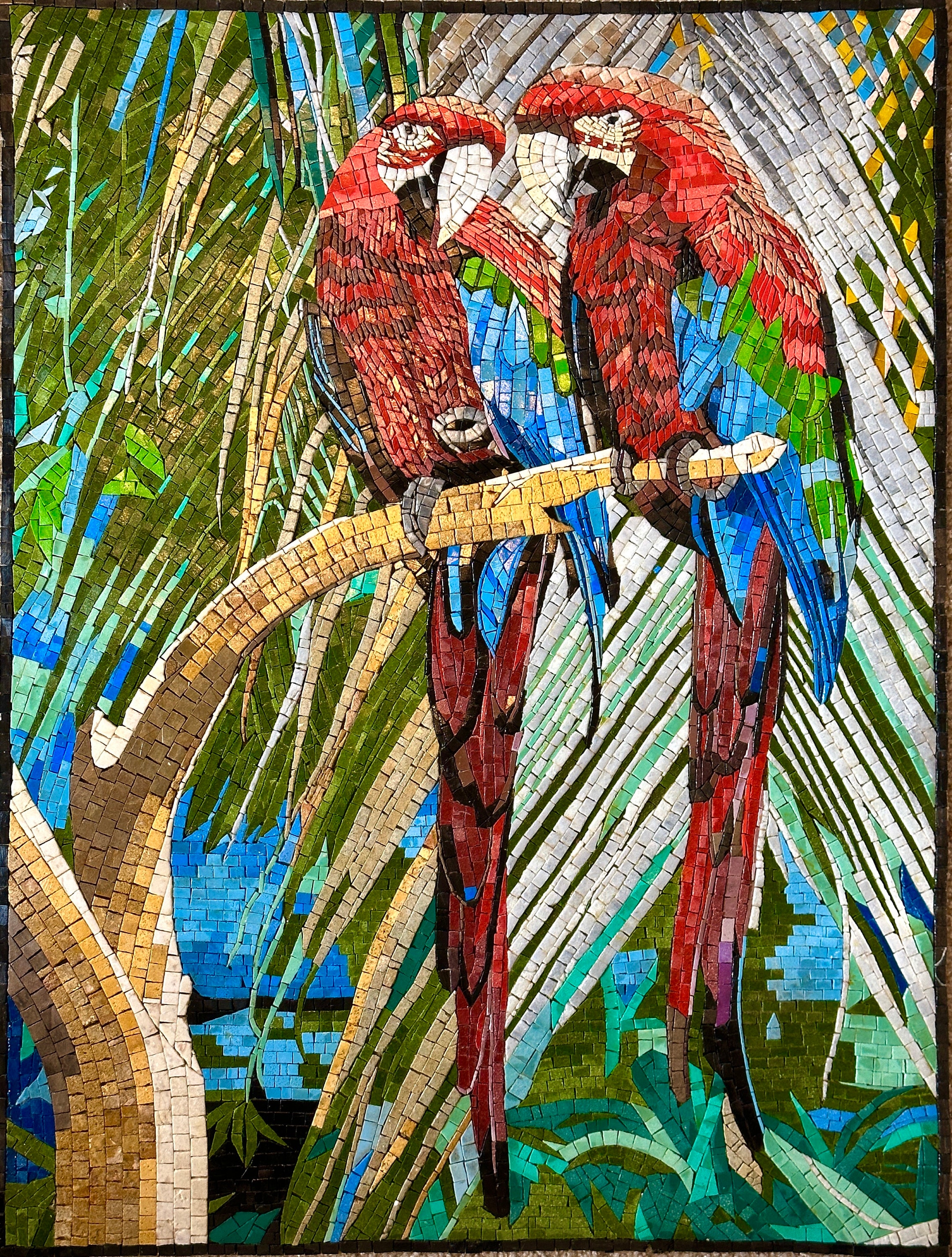 コンゴウインコ - 手作りモザイク壁アート - 天然石と大理石