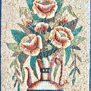 MOSAICO HECHO A MANO - Jarrón de flores de colores - Piedra natural y mármol - Decoración de pared - Decoración de patio - Decoración de jardín - Hecho a mano