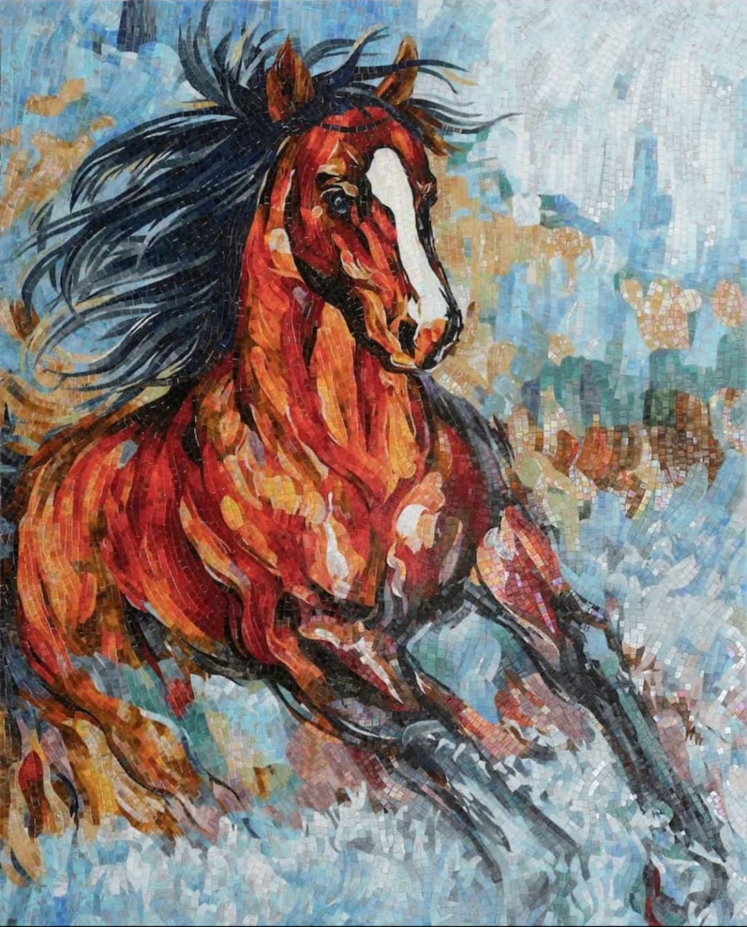 MOSAIC TILE ARTWORK - Wild Brown Horse - Natural Stone Mural