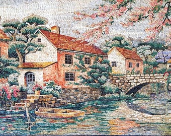 タイル　モザイクアート 吉原 風景画 額装 インテリア　絵画 モザイク壁画 - 川沿いの家 - コテージタイルモザイク - 石と大理石の
