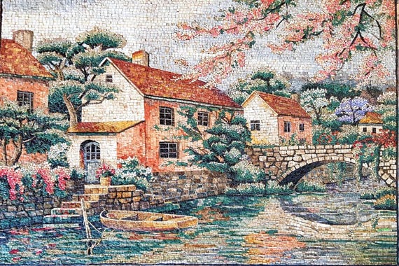 タイル　モザイクアート 吉原 風景画 額装 インテリア　絵画 モザイク壁画 - 川沿いの家 - コテージタイルモザイク - 石と大理石の