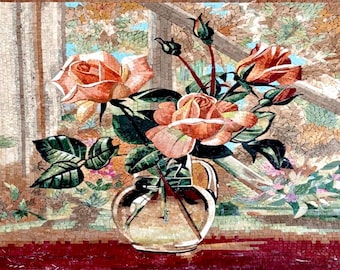 Roses in a Vase - Handmade Mosaic Art, Stone & Marble Wall Decoration, Indoor/Outdoor Decor