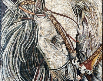 手作りの走る馬のモザイク壁画：石の動物の壁アート（56インチ×40