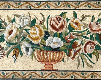 Handmade Stone Mosaic - Floral Arrangement in Vase - Classical Wall Art - Luxury Marble Mosaic - Colorful Living Room Decor - Custom Sizes