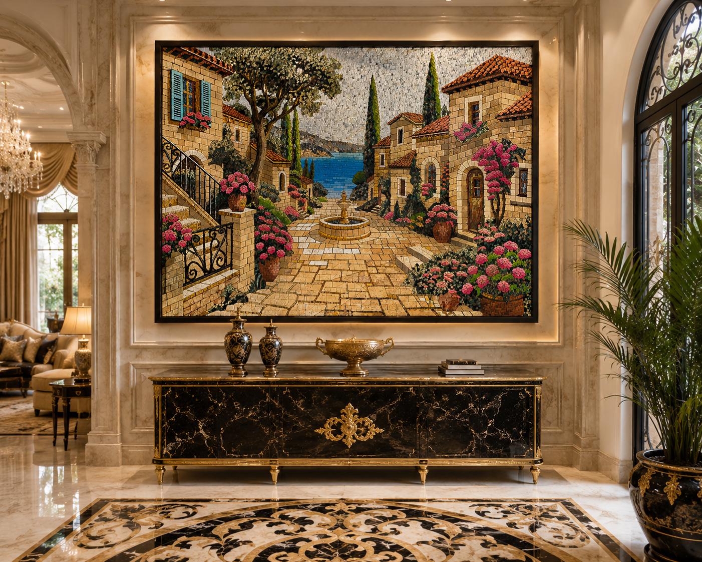 Mediterranean Courtyard Mosaic Wall Art – Luxury Handmade Marble