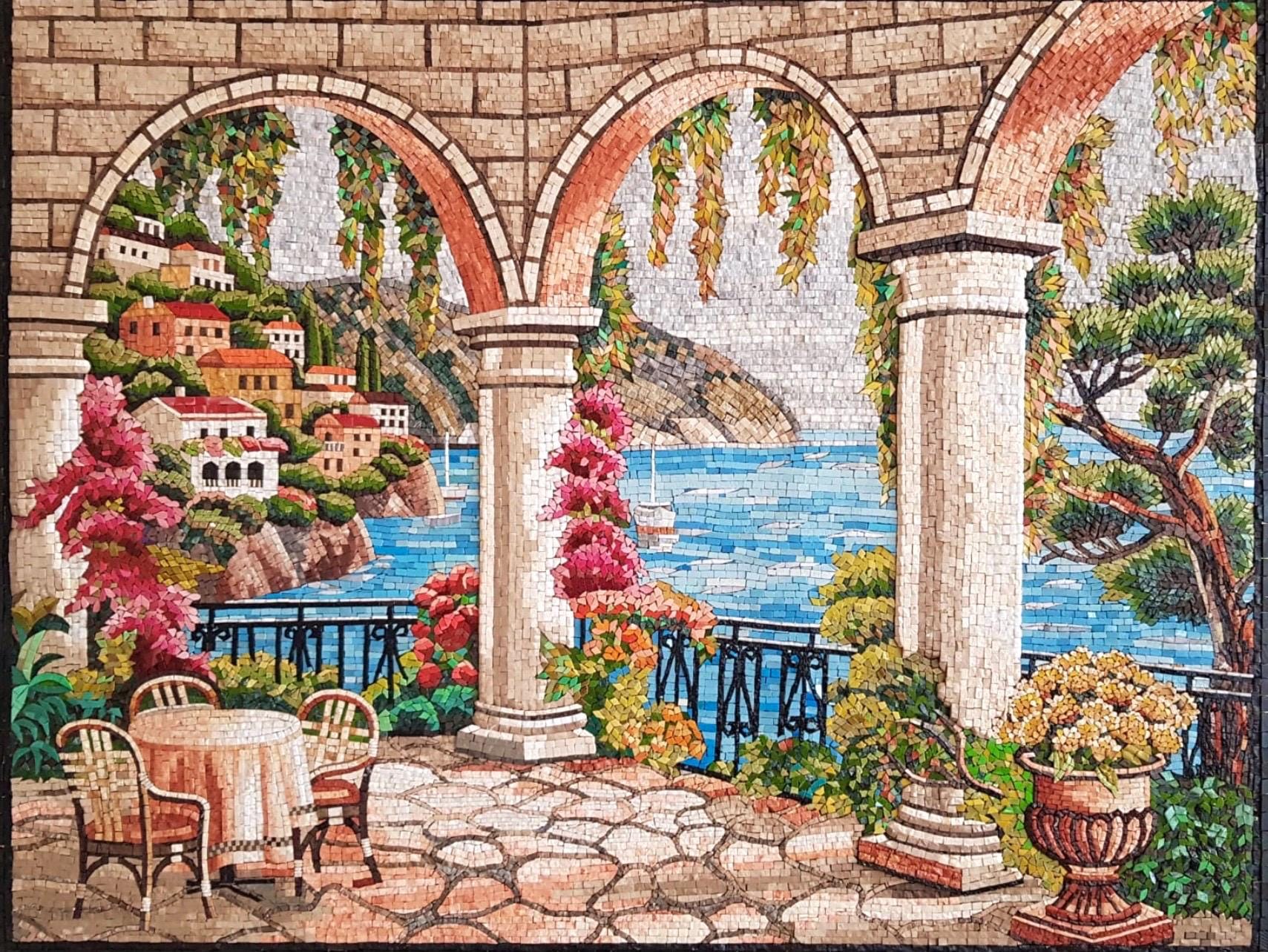 Mediterranean Coastal Terrace Mosaic - Luxury Handmade Wall Art