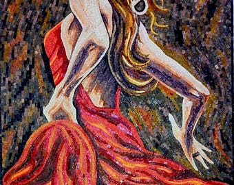 Arte en mosaico de bailarina de flamenco / Mosaico de piedra hecho a mano para colgar en la pared / Obra de arte de danza española / Panel de mosaico con vestido rojo / Decoración de mármol personalizada