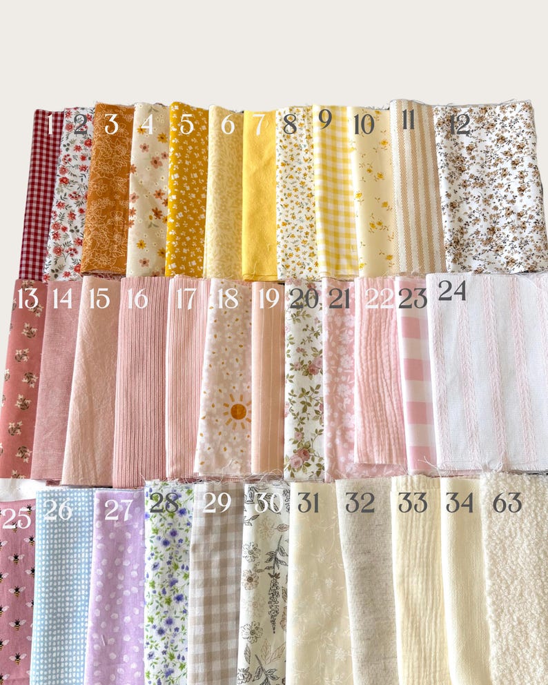May include: A collection of fabric swatches arranged in rows, numbered 1 through 34 and 63. The textiles feature various patterns including floral, gingham, stripes, and solid colors in shades of red, yellow, pink, blue, purple, and cream.