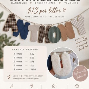 May include: A custom flat banner spelling the name ANTHONY with fabric letters in various patterns and colors, including plaid, solid navy, beige, striped, and gingham, suspended on a string. Each letter is approximately 7 inches tall.