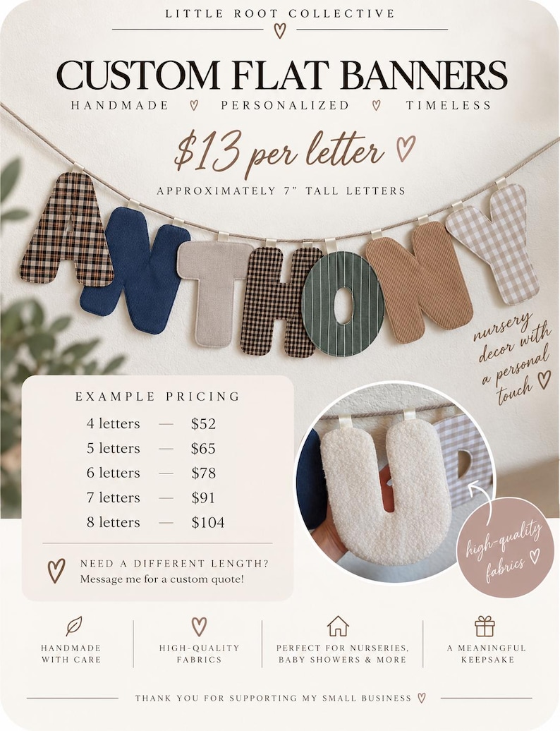 May include: A custom flat banner spelling the name ANTHONY with fabric letters in various patterns and colors, including plaid, solid navy, beige, striped, and gingham, suspended on a string. Each letter is approximately 7 inches tall.