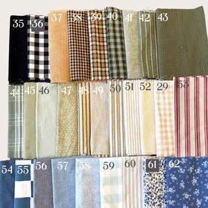 May include: A collection of rectangular fabric swatches arranged in a grid, each labeled with a white number from 35 to 62. The swatches feature various patterns including gingham, stripes, polka dots, and floral prints in colors like blue, green, tan, and red.