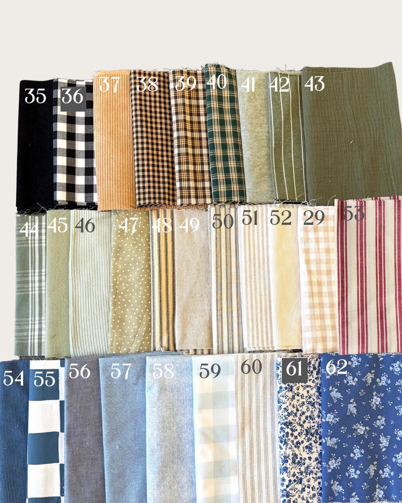 May include: A collection of rectangular fabric swatches arranged in a grid, each labeled with a white number from 35 to 62. The swatches feature various patterns including gingham, stripes, polka dots, and floral prints in colors like blue, green, tan, and red.