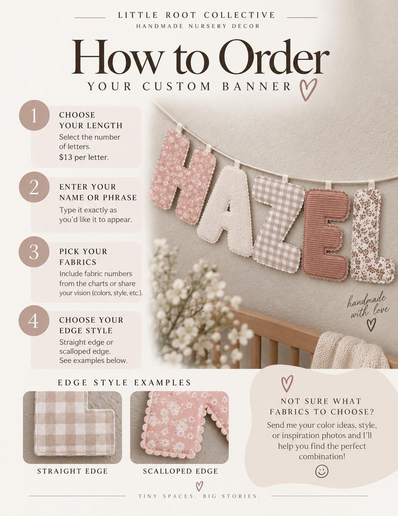 May include: An instructional graphic for a custom fabric letter banner by Little Root Collective. It displays the name HAZEL in various patterned and solid fabrics hanging on a string, with numbered steps for ordering, fabric selection, and edge style options.