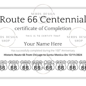 Certyfikat ukończenia obchodów 100. rocznicy Route 66 - cyfrowy PDF