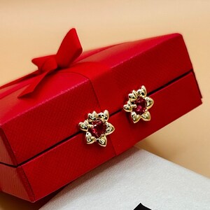 Small Red Ruby Crystal Earrings, 18k Gold Plated