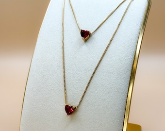 Red Crystal Heart Pendant Necklace, Romantic Gold Ruby Solitaire Necklace, Women High Quality Eye Catching Multi Strand Collar, Love Jewelry