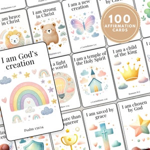 100 edukacyjnych kart z afirmacjami biblijnymi dla dzieci, edukacja chrześcijańska, zajęcia z wiary, karty biblijne, biblijna aktywność z fiszkami