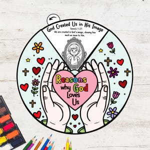 Razões pelas quais Deus nos ama - Roda de colorir para crianças | Atividade cristã | Imprimível para escola dominical | Artesanato bíblico de dia dos namorados | Atividade bíblica