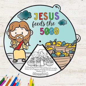 Gesù nutre 5.000 ruote da colorare, Ruota da colorare Gesù Miracolo, Attività biblica stampabile, Acquerello, Lezione biblica per bambini, Scuola domenicale