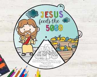 May include: A colourful illustration of Jesus feeding the 5000. The image includes a cartoon Jesus holding loaves of bread, a group of people, and baskets full of fish. The text "JESUS feeds the 5000" is written in rainbow colours. The text "So they all ate and were filled, and they took up twelve baskets full of fragments and of the fish that were left. Matthew 14:20 Blessing" is written at the bottom of the image.
