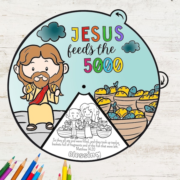 Jesus feeds 5,000 Coloring Wheel, Jesus Miracle Coloring Wheel, Printable Bible Activity, Watercolor, Kids Bible Lesson, Sunday School