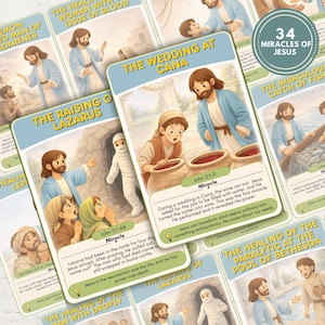 May include: A collection of illustrated cards depicting scenes from the Bible, including "The Wedding at Cana" and "The Raising of Lazarus." Each card features text and images of Jesus performing miracles. The cards are designed with a light blue and white color scheme.