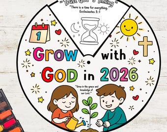 Wachse mit Gott im Jahr 2026 Malrad | Christliches Neujahrshandwerk für Kinder | Sonntagsschule Bibel Aktivität Printable | Neujahrsgebet