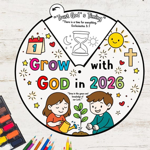 Grow with God in 2026 Coloring Wheel | Christian New Year’s Craft for Kids | Sunday School Bible Activity Printable | New Year Prayer