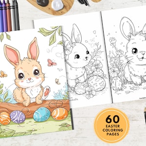 Könnte beinhalten: Oster-Malbücher mit Illustrationen von Hasen, Eiern und Blumen. Das Cover zeigt einen farbigen Hasen und Eier, während die Innenseiten schwarz-weiß sind. Das Bild enthält auch eine kreisförmige Grafik mit der Aufschrift "60 Oster-Malvorlagen."
